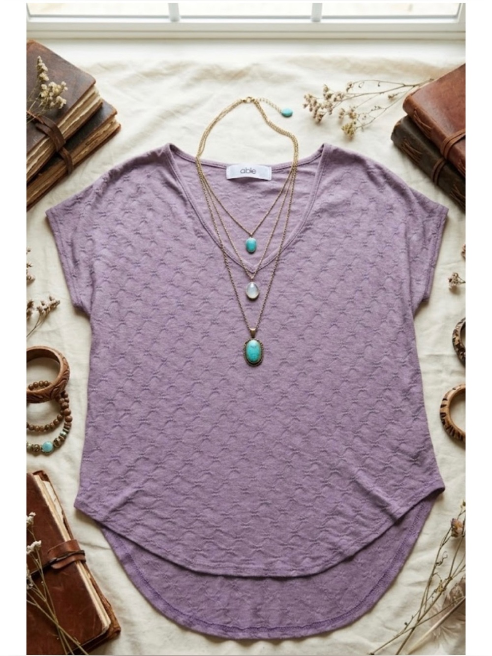 Able V-Neck High Low Textured Pointelle Knit Tee